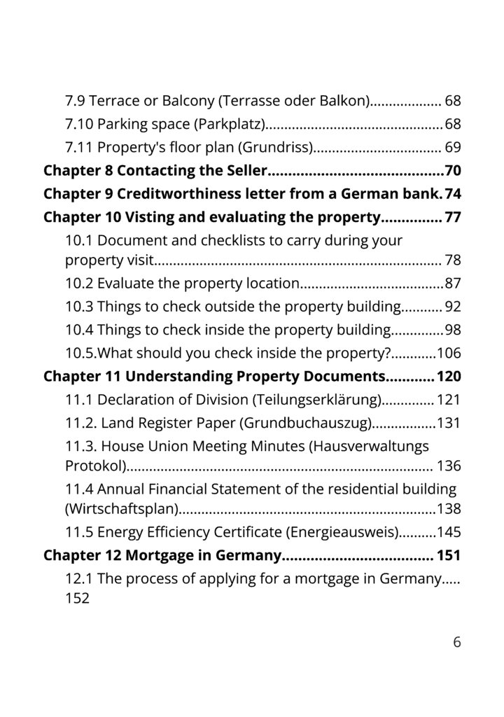 table of contents - buy a house in Germany