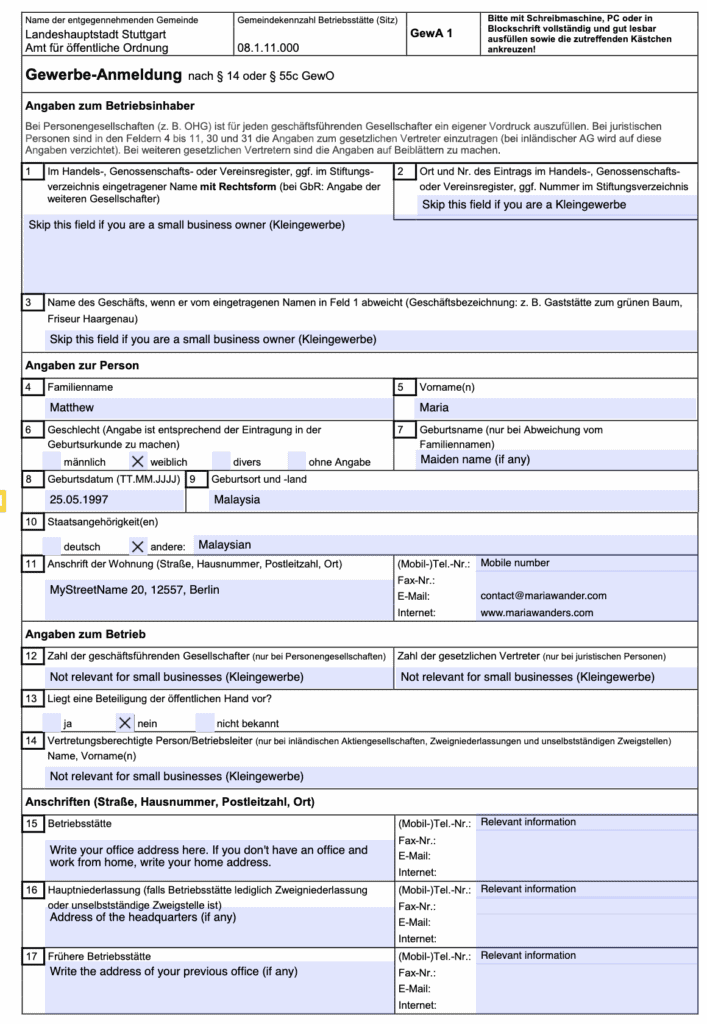 Gewerbeanmeldung Form Page 1