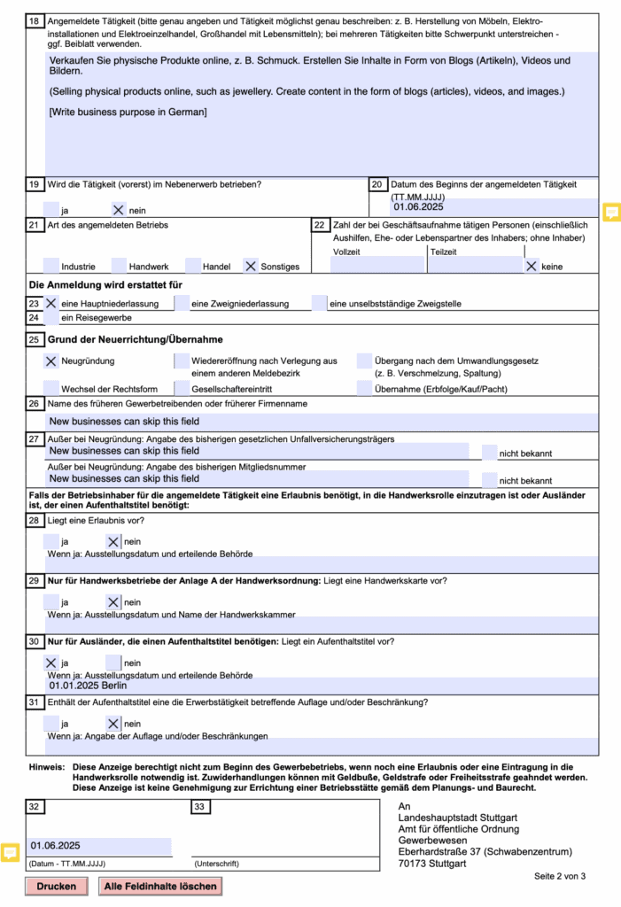 Gewerbeanmeldung Form Page 2