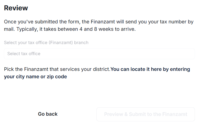 Select your tax office (Finanzamat) field