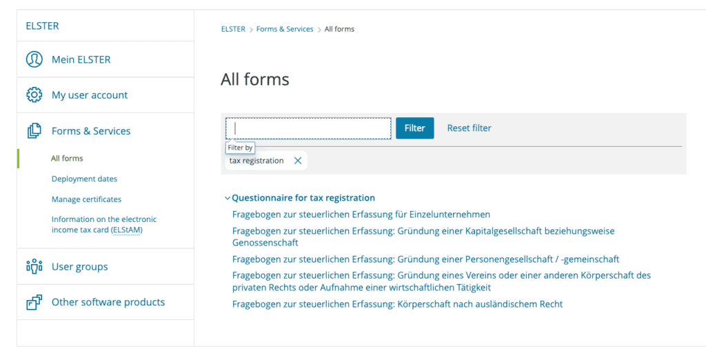 Screenshot of Elster showing different tax registration forms